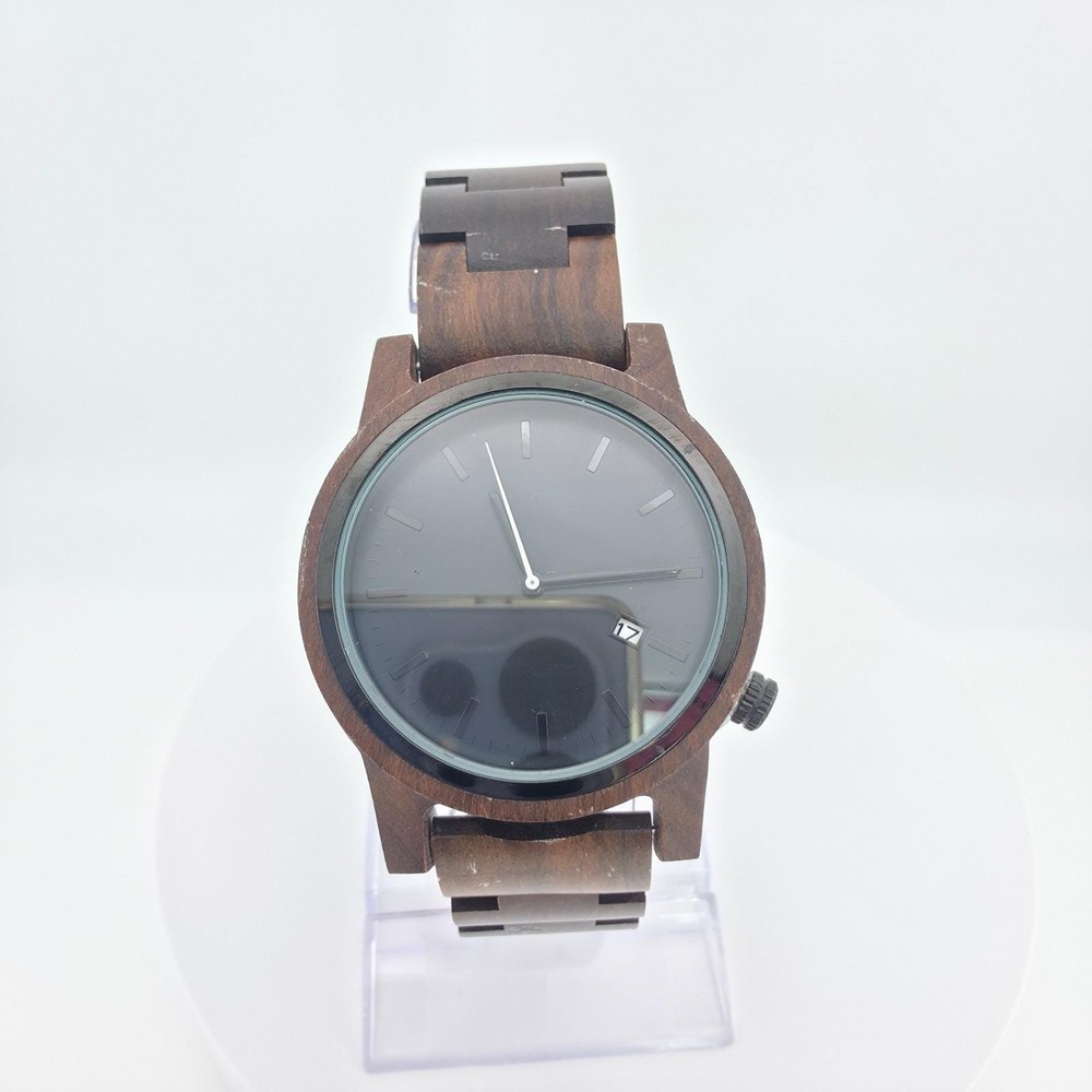 MUJUZE Wood Men's Watch Dark Walnut Case Band Black Dial Date Function 8.5"